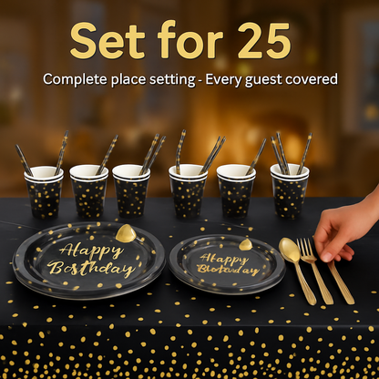 Black & Gold Birthday Dinnerware Set for 25 Guests
