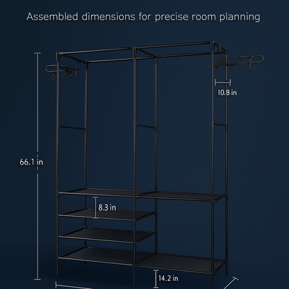 Metal Garment Rack with Shelves and Dual Hanging Rods