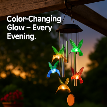 Solar Hummingbird Wind Chime with Aluminum Tubes 7 Color Changing Wind Chime for Outside IPX4 Waterproof Outdoor Garden Yard Decor