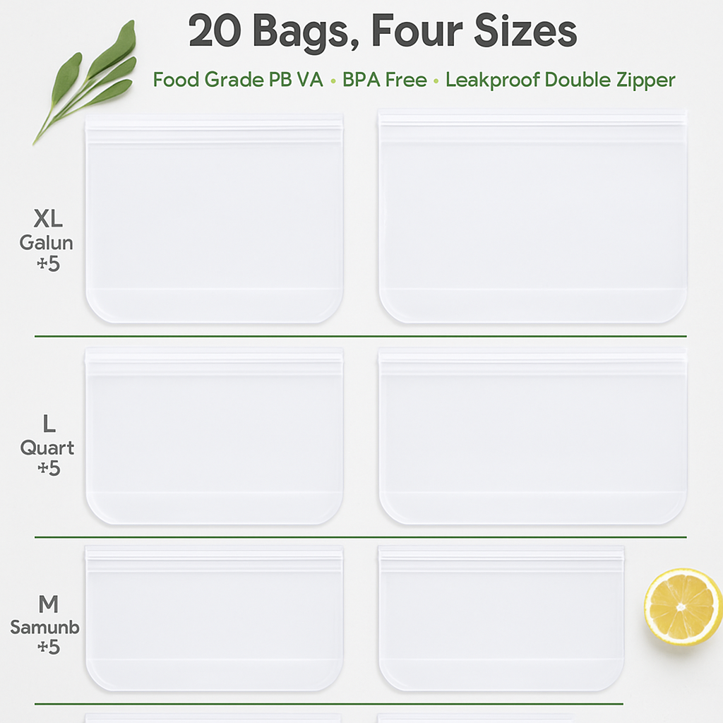 Reusable Food Storage Bags 20pc Set, Leakproof