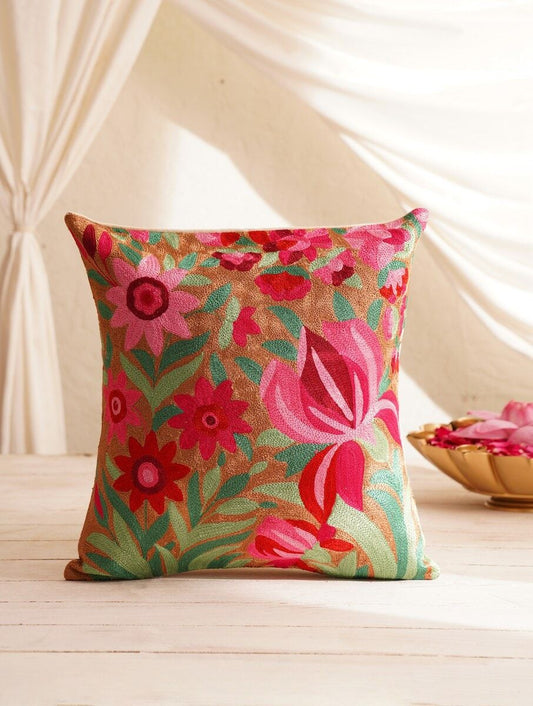 Multicolour Kashmiri Crewel Cotton & Silk Cushion Cover