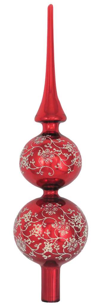 Red 13" Glass Treetopper with Gold Floral Glitterlace - Christmas Red