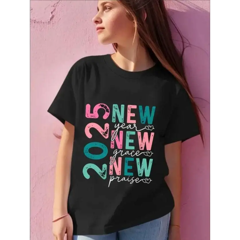 Girls 2025 New Year Print Short Sleeve T-Shirt