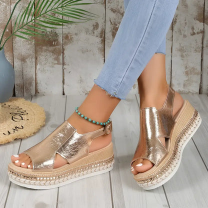 Gold Metallic Plus Size Rope Wedge Sandals