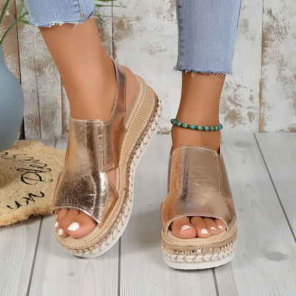 Gold Metallic Plus Size Rope Wedge Sandals