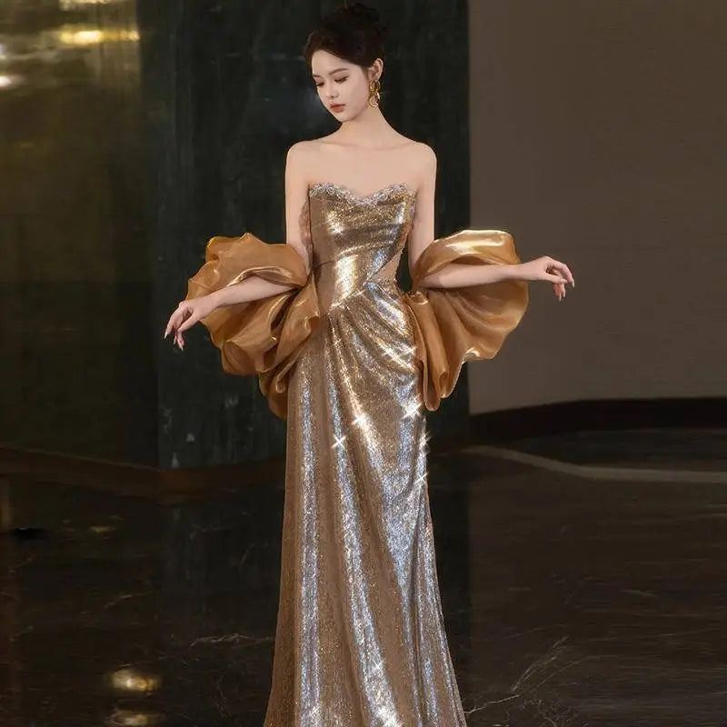 Gold Sequined Banquet Temperament Evening Dress