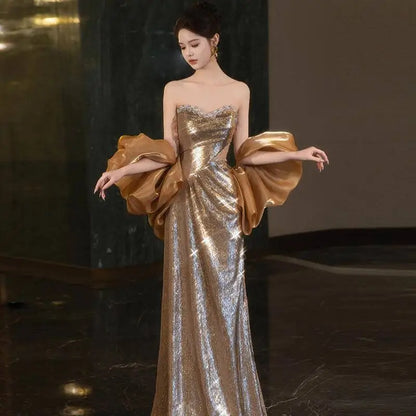 Gold Sequined Banquet Temperament Evening Dress