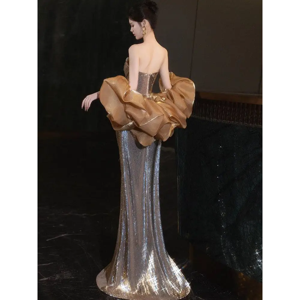 Gold Sequined Banquet Temperament Evening Dress