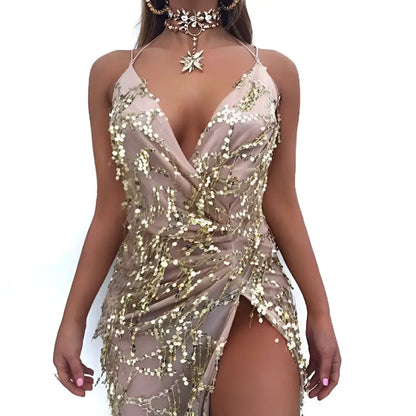 Gold V Neck Halter Strap Sequin Dress with Slit