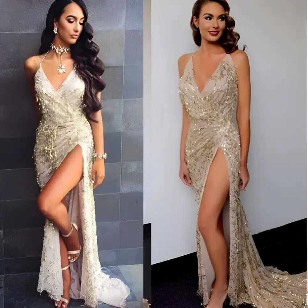 Gold V Neck Halter Strap Sequin Dress with Slit