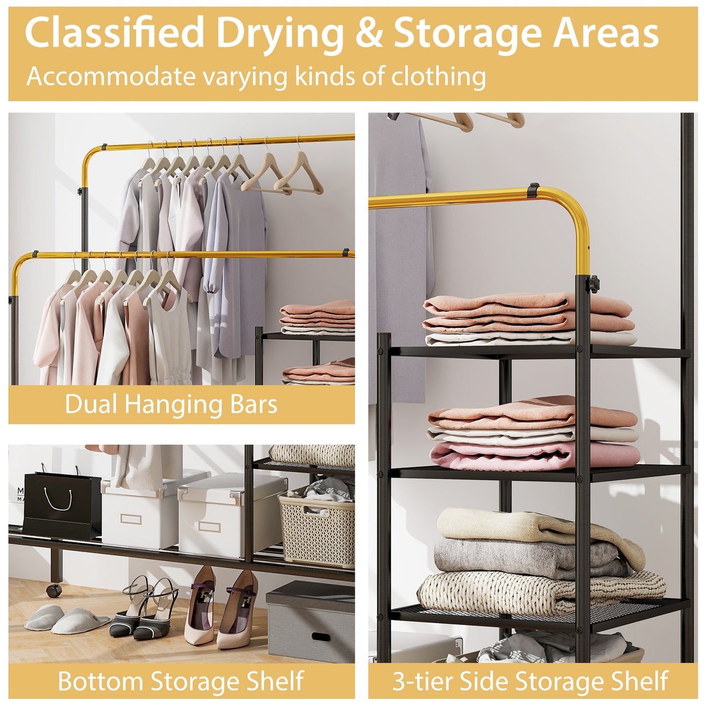 Rolling Double Rods Garment Rack with Height Adjustable Hanging Bars