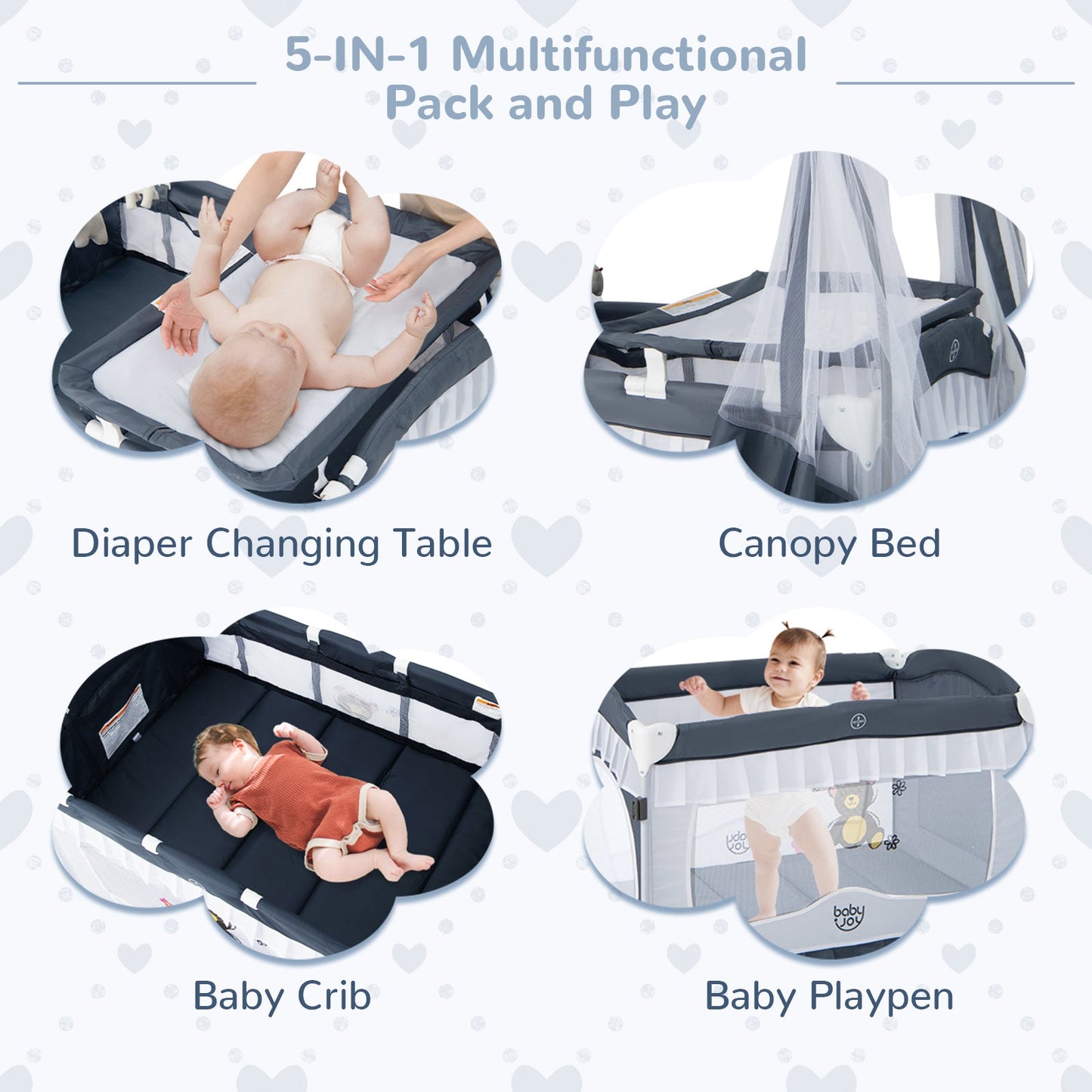Convertible Bassinet with Removable Changing Table and Detachable Mesh Net-Grey