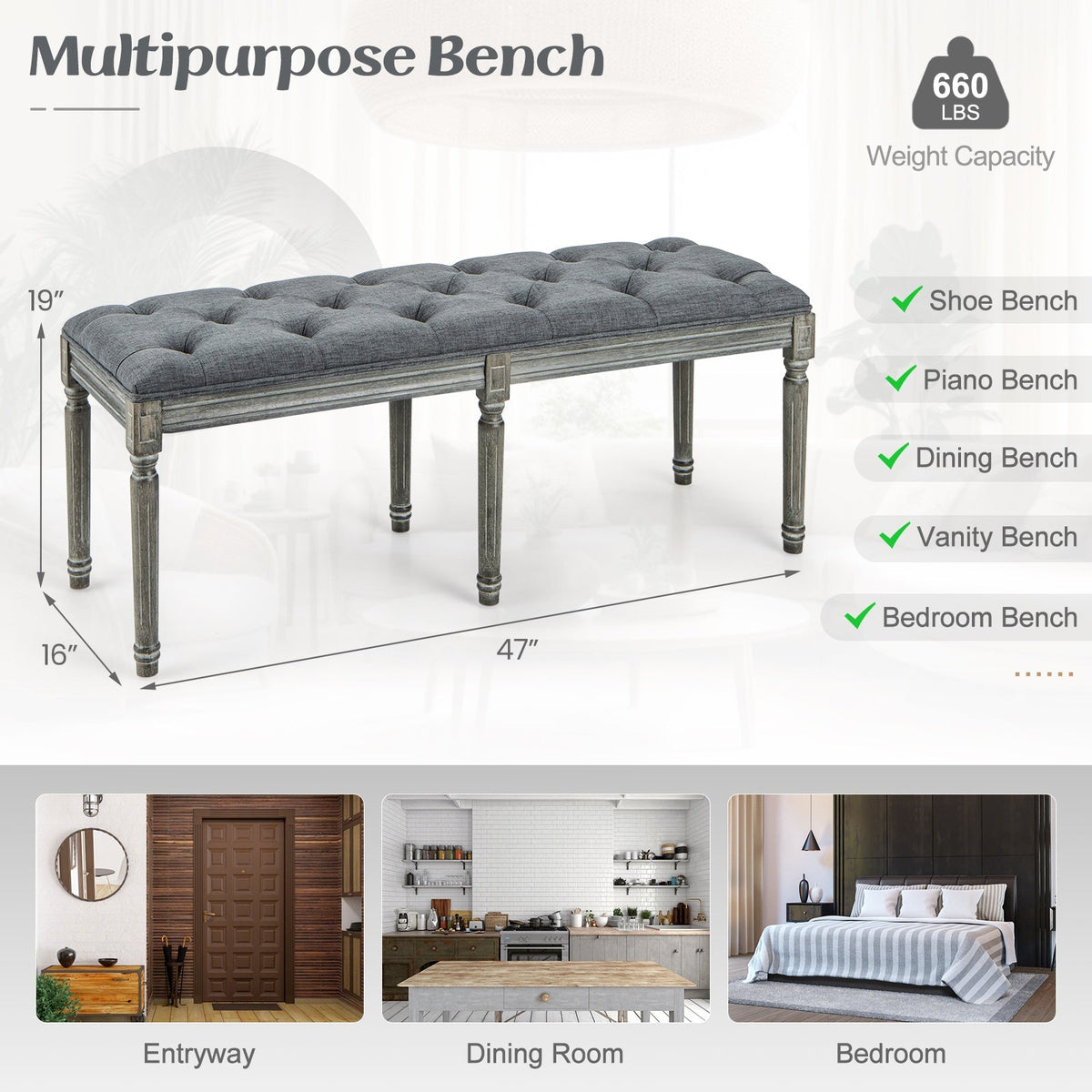 French Vintage Entryway Bench 47 Inch Upholstered Dining Bench