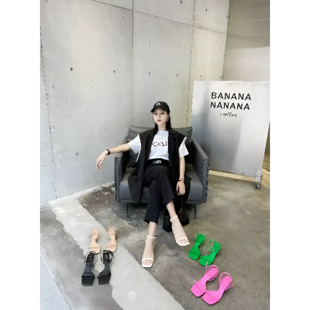 Green Minimalist Square Toe Block Heel Sandals