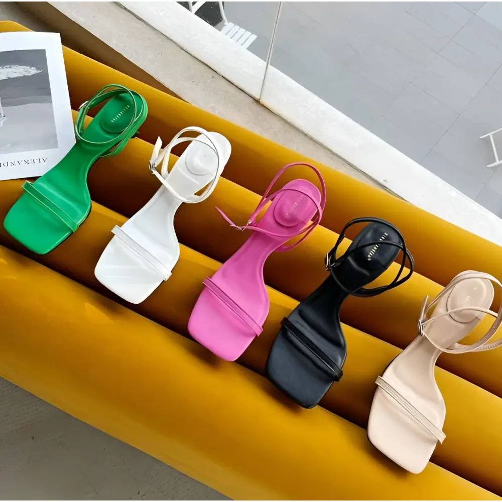 Green Minimalist Square Toe Block Heel Sandals