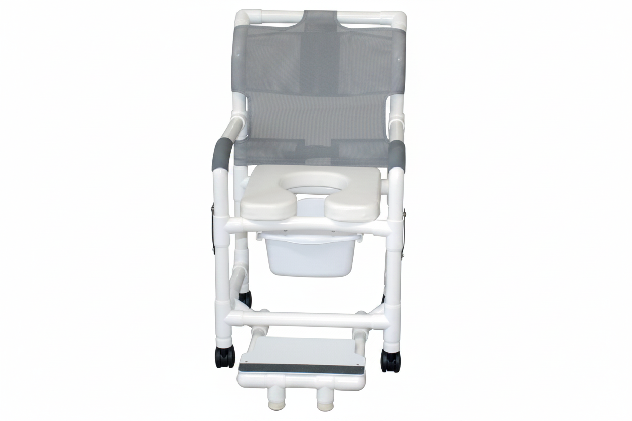 MJM International 118-3TW-DDA-SF-SQ-PAIL Shower chair 18" internal width, open front seat, 3" twin casters, with double drop arms, slide out footrest and 10 qt slide out square commode pail, 300 lbs weight capacity