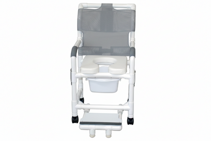 MJM International 118-3TW-DDA-SF-SQ-PAIL Shower chair 18" internal width, open front seat, 3" twin casters, with double drop arms, slide out footrest and 10 qt slide out square commode pail, 300 lbs weight capacity