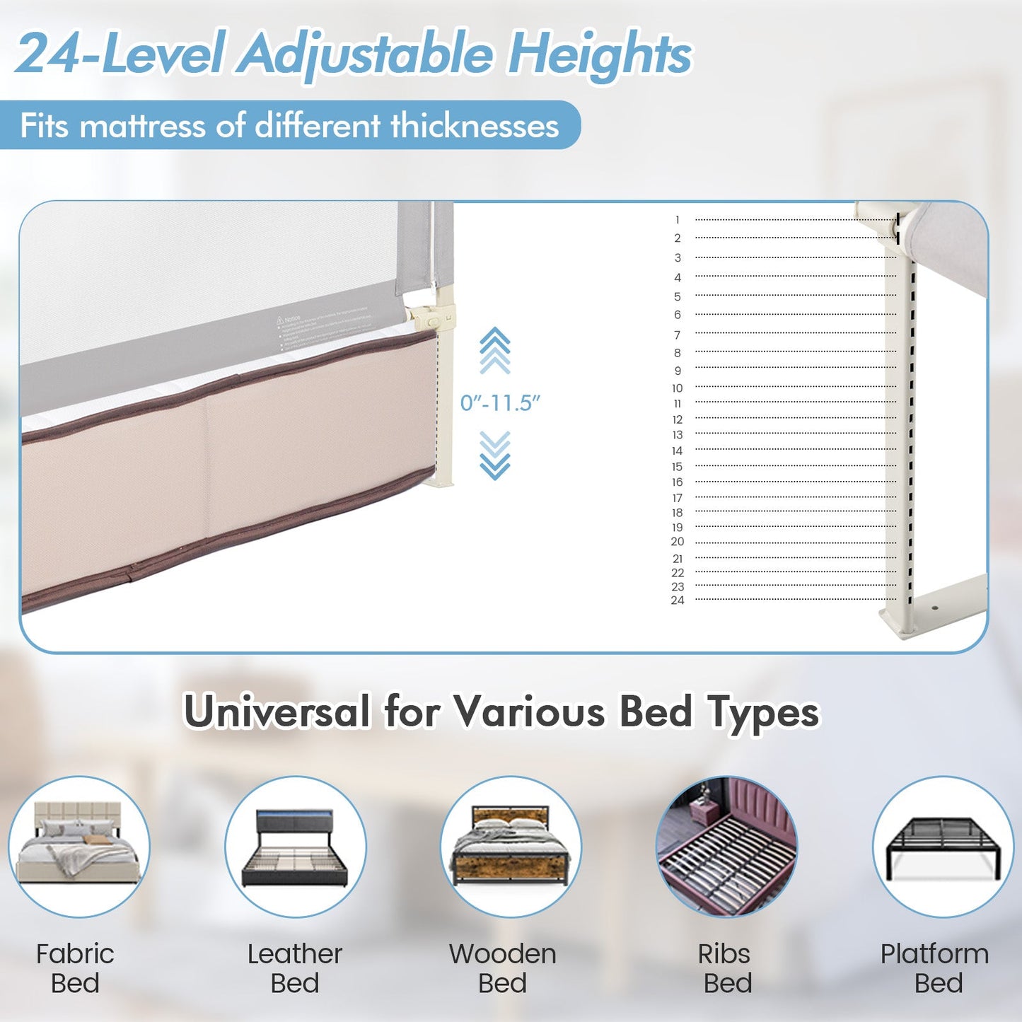 Vertical Lifting Baby Bed Rail with Double Safety Lock