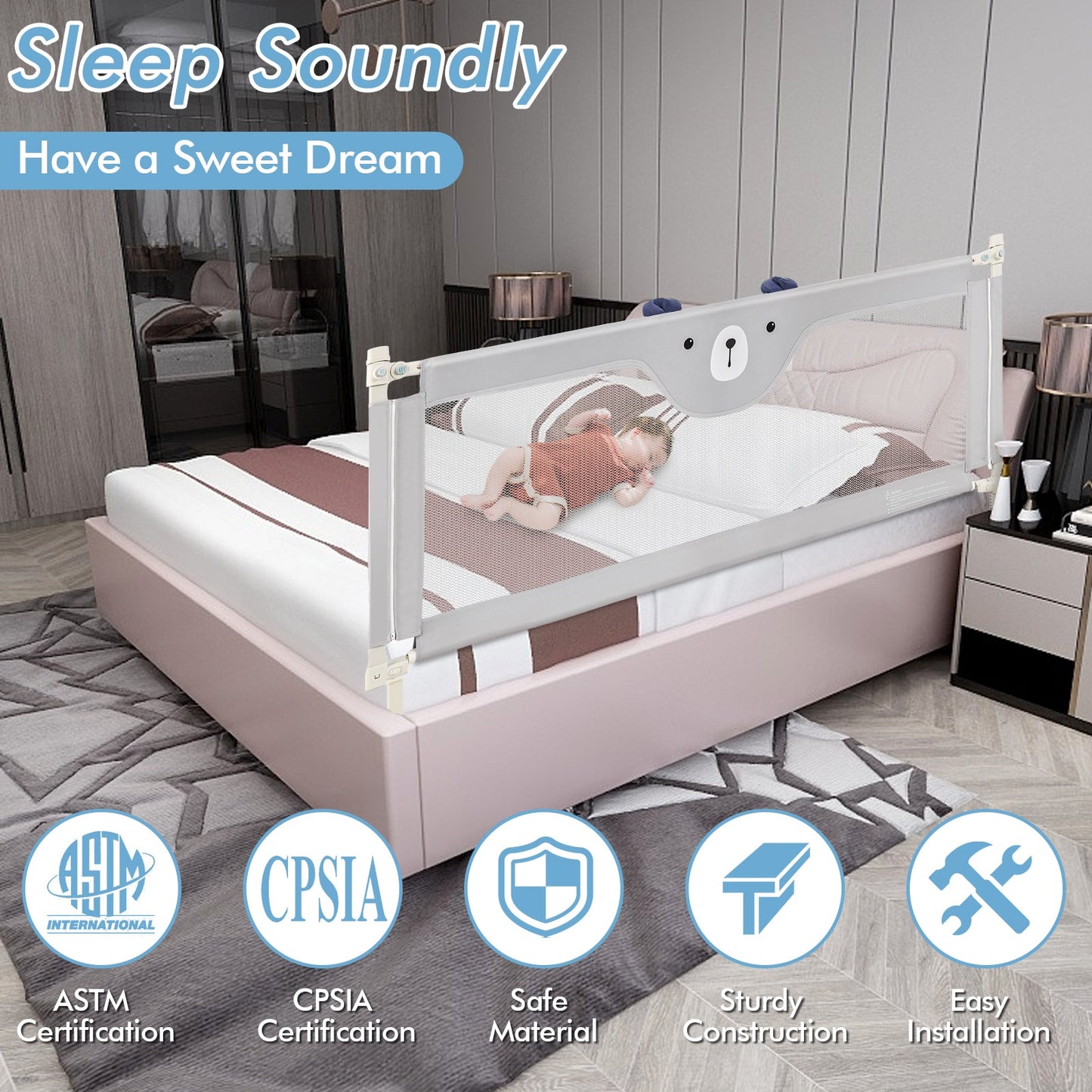 Vertical Lifting Baby Bed Rail with Double Safety Lock