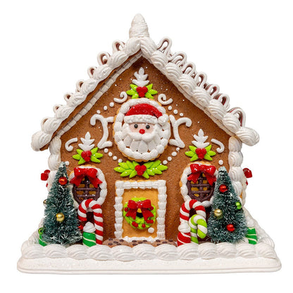 Lighted Gingerbread House With Ribbon Candy Roof - 9 Inch
