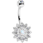 White Faux Opal Clear Gem Steel Fancy Flower Belly Ring