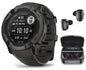 Wearable4U Garmin Instinct 2X Solar Rugged 50 mm GPS Smartwatch Graphite with Power Glass Lens LED Flashlight Black Earbuds Bundle