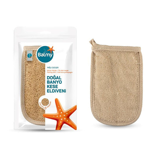 Balmy Exfoliating Bath Glove - Natural Loofah & Cotton, Exfoliates & Renews Skin, Turkish Bath Glove for Oily Skin