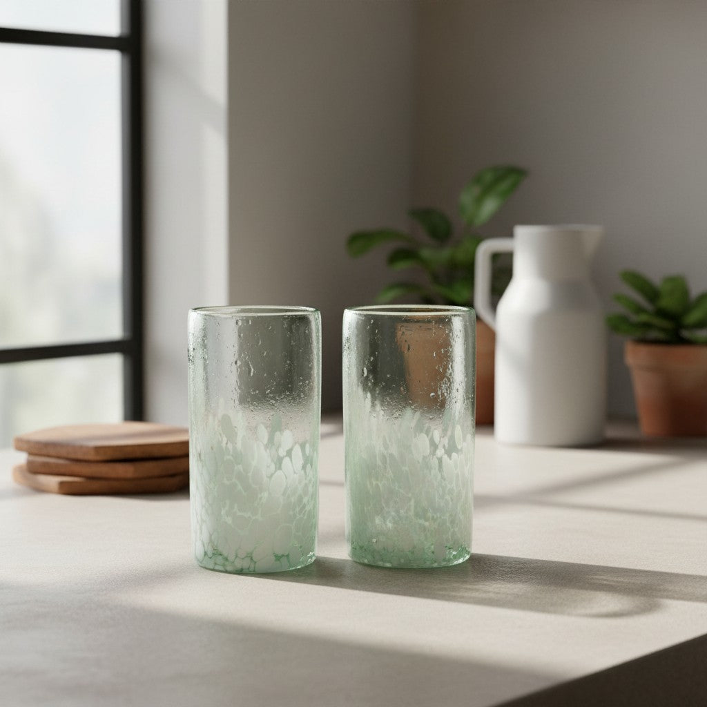 Hand-Blown Mexican Highball Glass | White & Clear Artisan Design