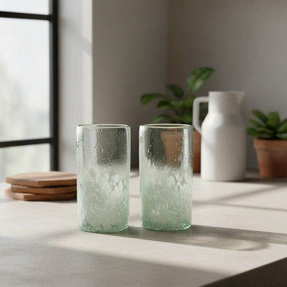 Hand-Blown Mexican Highball Glass | White & Clear Artisan Design