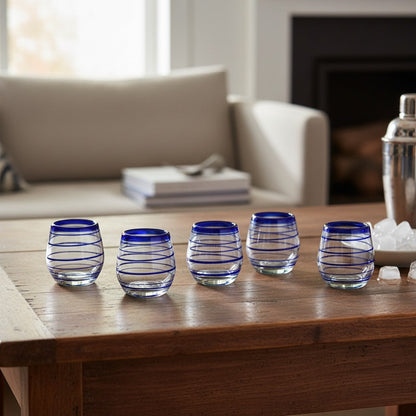 Hand-Blown Mexican Stemless Wine Glass | Cobalt Blue Spiral Design
