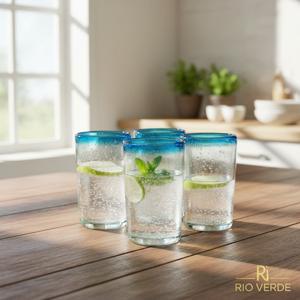 Hand-Blown Mexican Tumbler Glass | Teal Rim Design