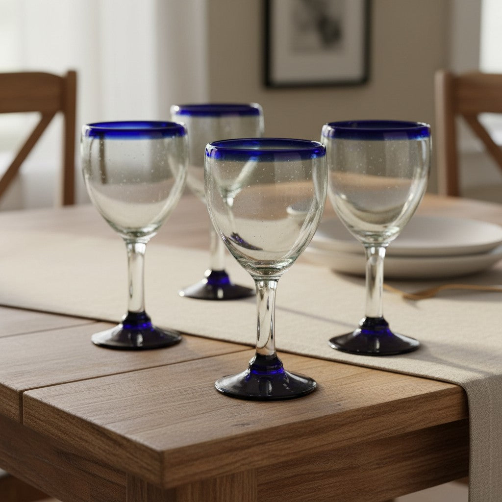 Hand-Blown Mexican Wine Glass | Cobalt Rim Design
