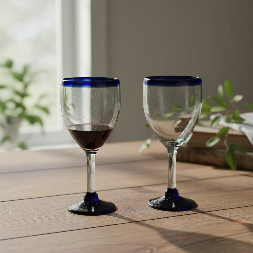 Hand-Blown Mexican Wine Glass | Cobalt Rim Design