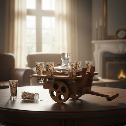 Handblown Mexican Decanter Set | Rustic Wooden Wagon Display