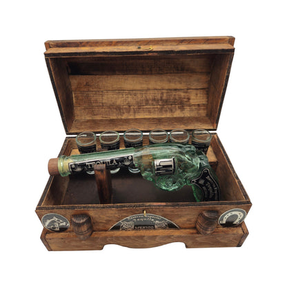 Handblown Mexican Revolver Decanter Set | Wooden Chest Display