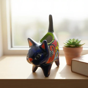 Vibrant Talavera Cat Planter | Handmade Mexican Pottery