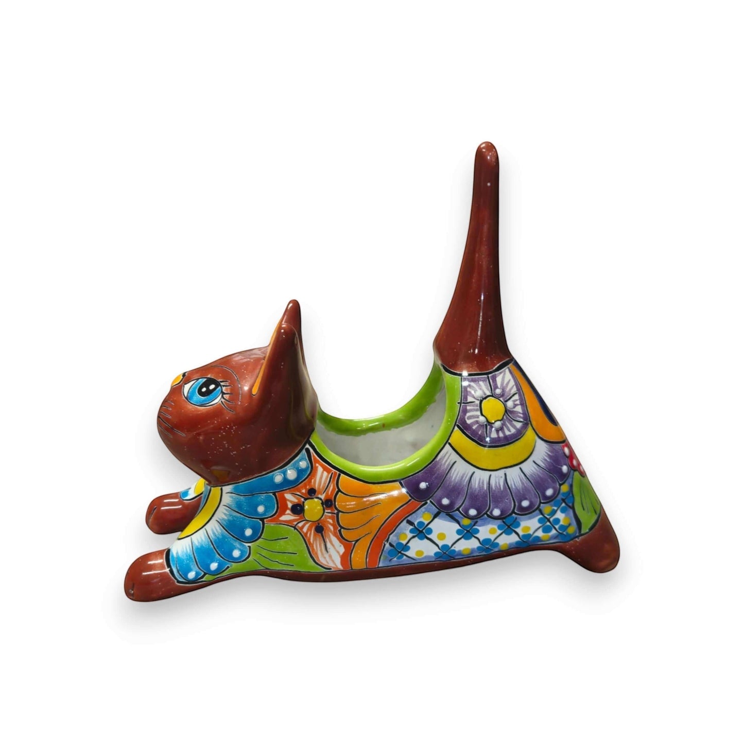 Talavera Cat Planter | Colorful Handmade Stretching Animal Pot