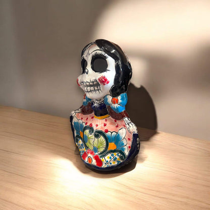Vibrant Talavera Skeleton Woman Statue | Day of the Dead Decor