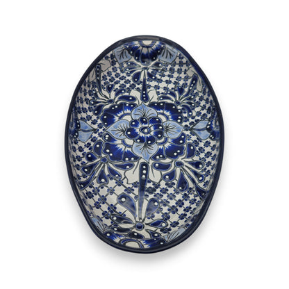 Handmade Talavera Oval Platter | Blue & White Mexican Art