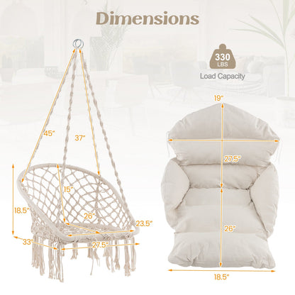 Hammock Chair with Thick Cushion & Macrame Holds up to 330 LBS-Beige