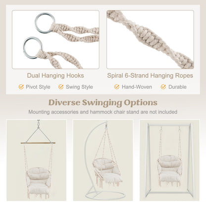 Hammock Chair with Thick Cushion & Macrame Holds up to 330 LBS-Beige