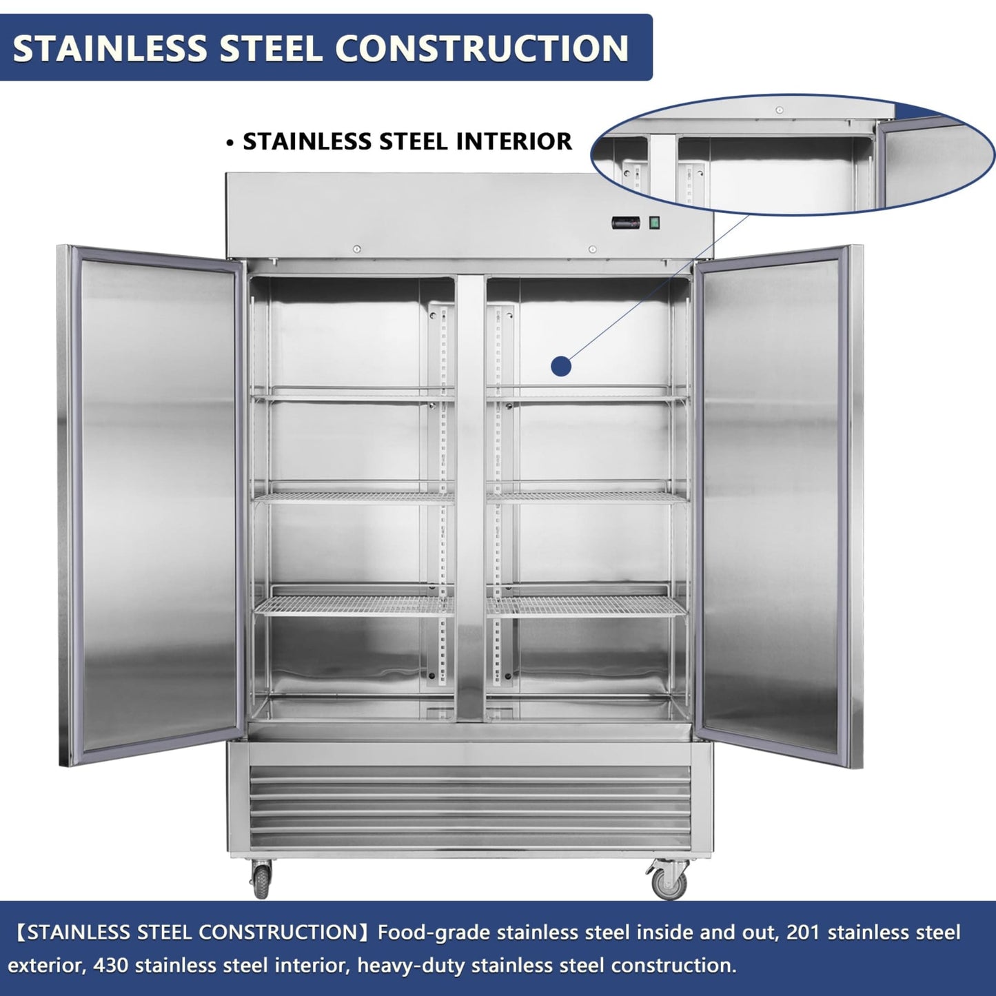 Heavy-Duty 54-Inch Stainless Steel 2-Door Reach-In Upright Commercial Freezer (SAK66598)