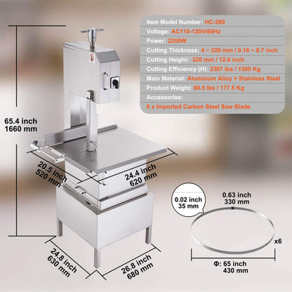 Heavy-Duty Commercial 2200W Electric Meat Bone Saw Cutting Band Machine With 6 Saw Blades (SAK91753)