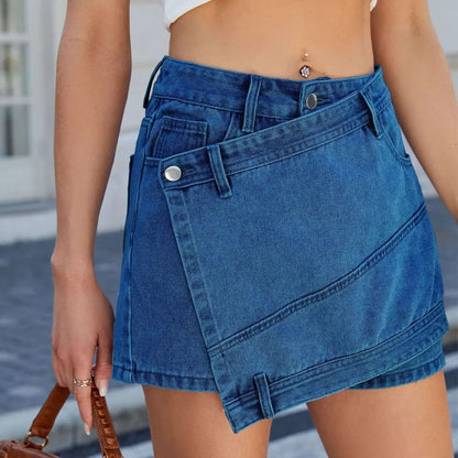 High Waist Washed Irregular Denim Short Skirt