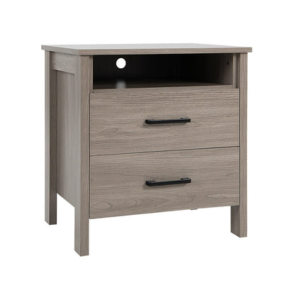 Modern Wood Grain Nightstand with Cable Hole and Open Compartment