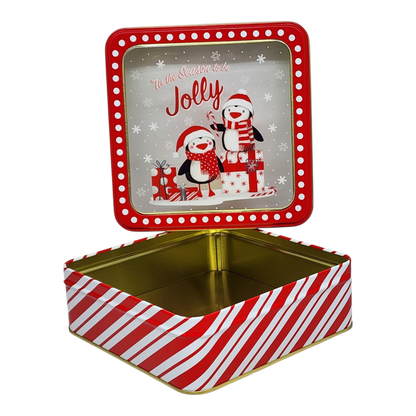Square Cookie Tin with Window - Tis the Season to be Jolly Penguins
