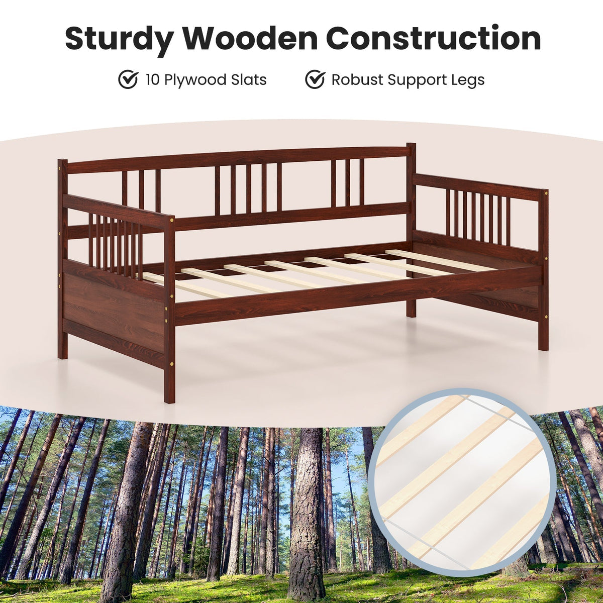 Twin Size Wooden Slats Daybed Bed with Rails