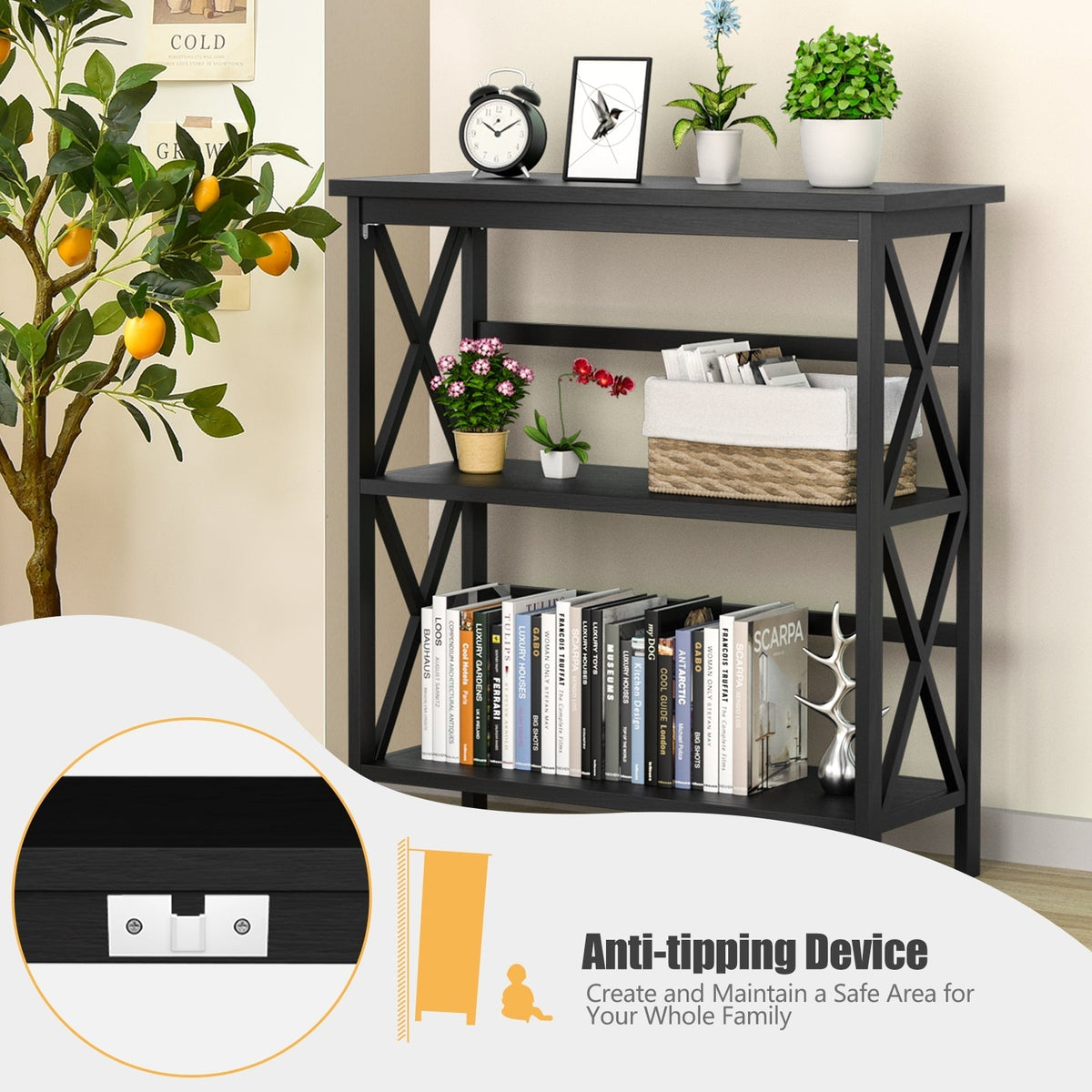 3-Tier Wooden Multi-Functional X-Design Etagere Storage Bookshelf