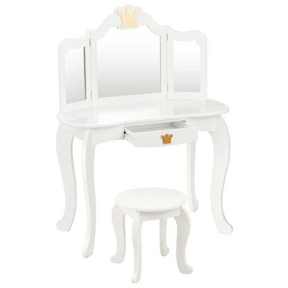 Kids Makeup Dressing Table with Tri-folding Mirror and Stool-White