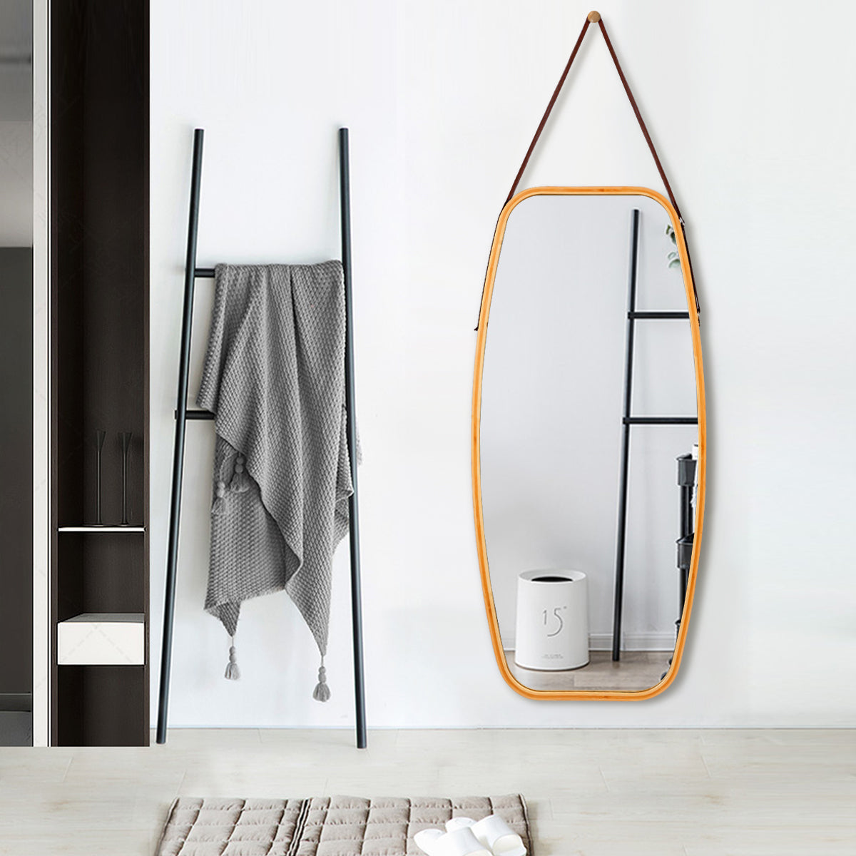 Modern Wall Mirror with Bamboo Frame and Adjustable Leather Strap